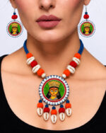 Ma Durga Blue Handmade Jewellery | Indian Ethnic Thread-Seashell Jewellery Set | Bengali Tribal Handcrafted Jewellery | Hand-painted Terracotta Jewellery| Best Gift for Durga Puja - Image 2