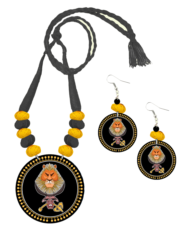 lion copy Black Handmade Jewellery Set (Necklace and Earrings) for Women, Girls | Best Gift for Durga Puja | - Image 1