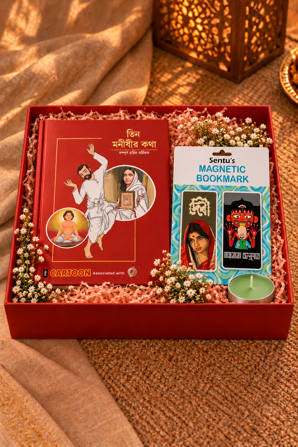 Red hamper with packaged magnetic bookmark set GIFT HAMPER DURGA PUJA SPECIAL - Image 1